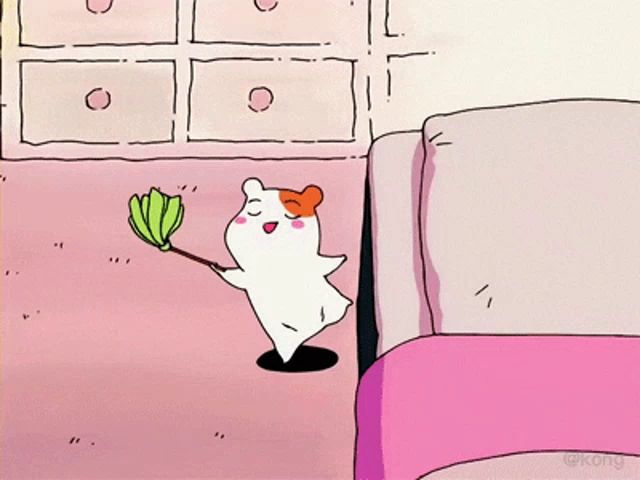 a cartoon of a hamster holding a banana in a living room