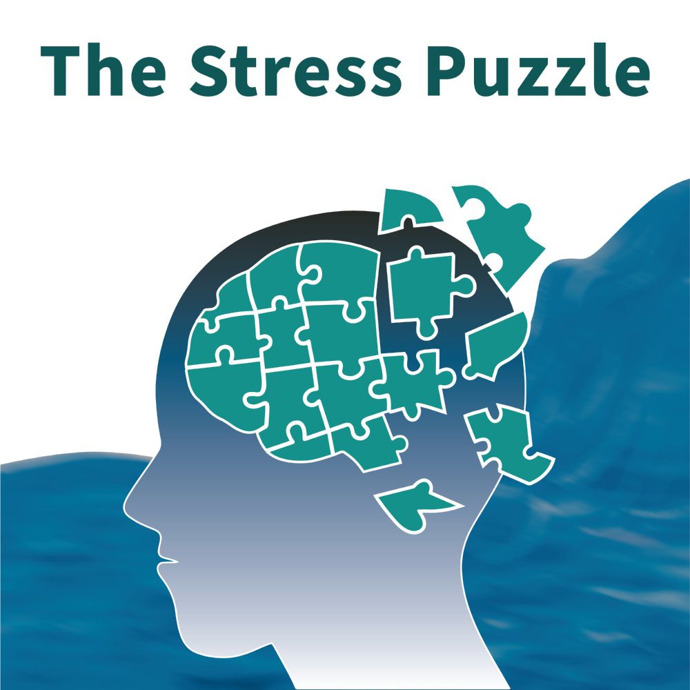 Human head with water in the background that indicates a contemplative wave. Inside the head are puzzle pieces that are being put together. Text says "The Stress Puzzle"