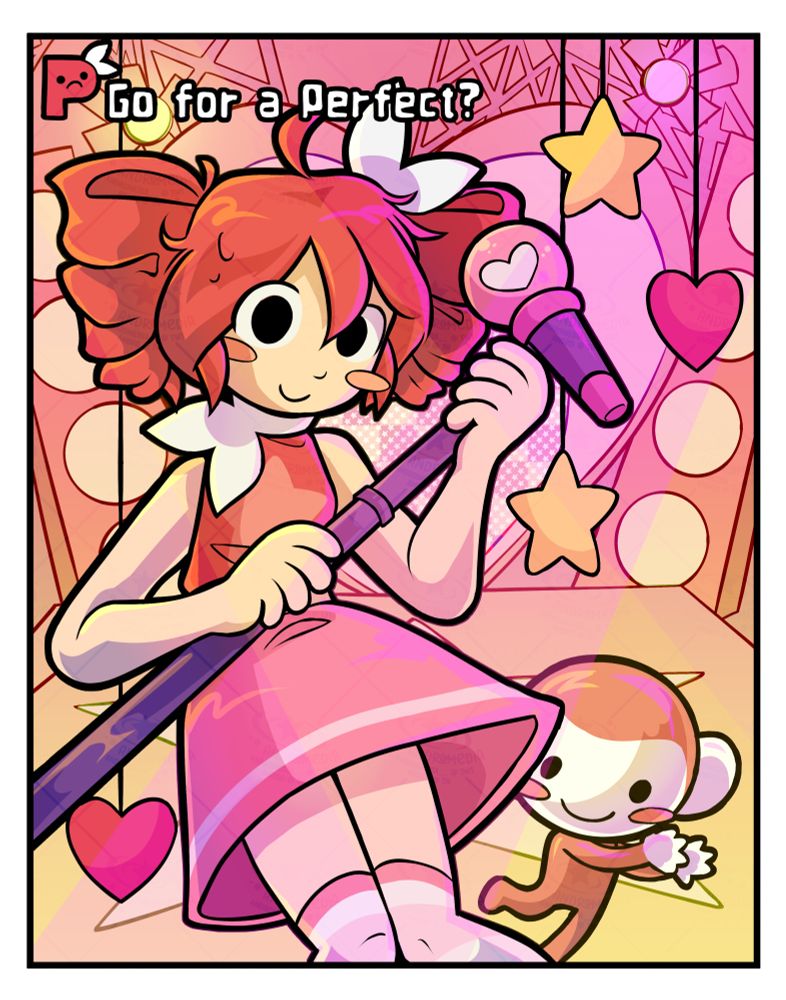 Kasane Teto in the style of the song 'Spoken For' by Flavor Foley. She's standing on a pink and yellow stage, next to a Rhythm Heaven-type monkey, surrounded by stars and hearts. In the top, it says 'Go for a Perfect?'
