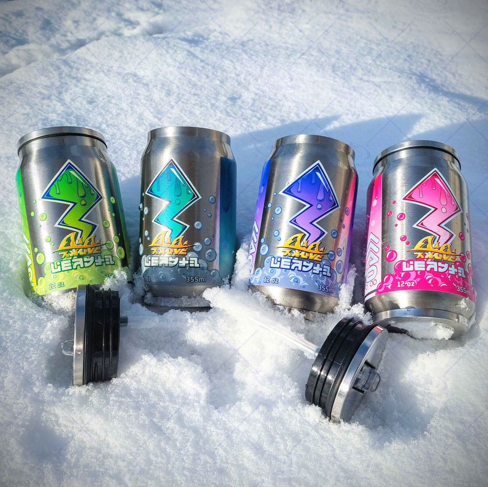 Four tacticooler cups sitting in the snow in a line. Two of the cups have their lids taken off and are positioned in front of them. There are four different versions: green, cyan, purple, and pink.