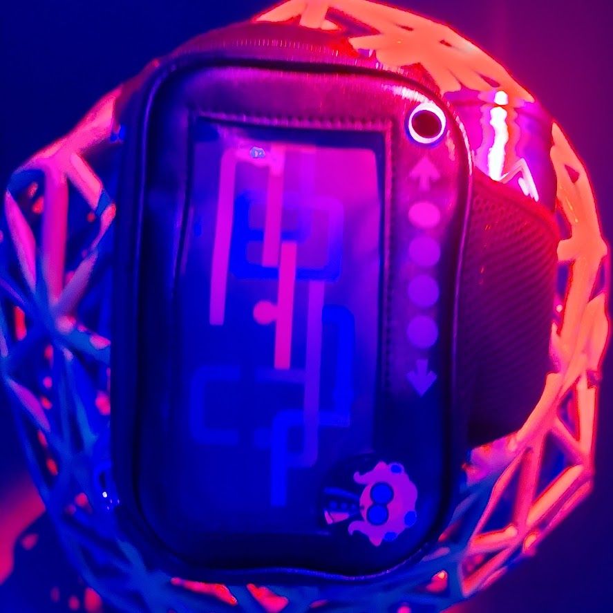 An ita bag holding a cup meant to look like a tacticooler in its mesh cup holder. It's in intense blue, pink, and orange lighting. It's sitting on top of a strange pedastal made of a triangle mesh.