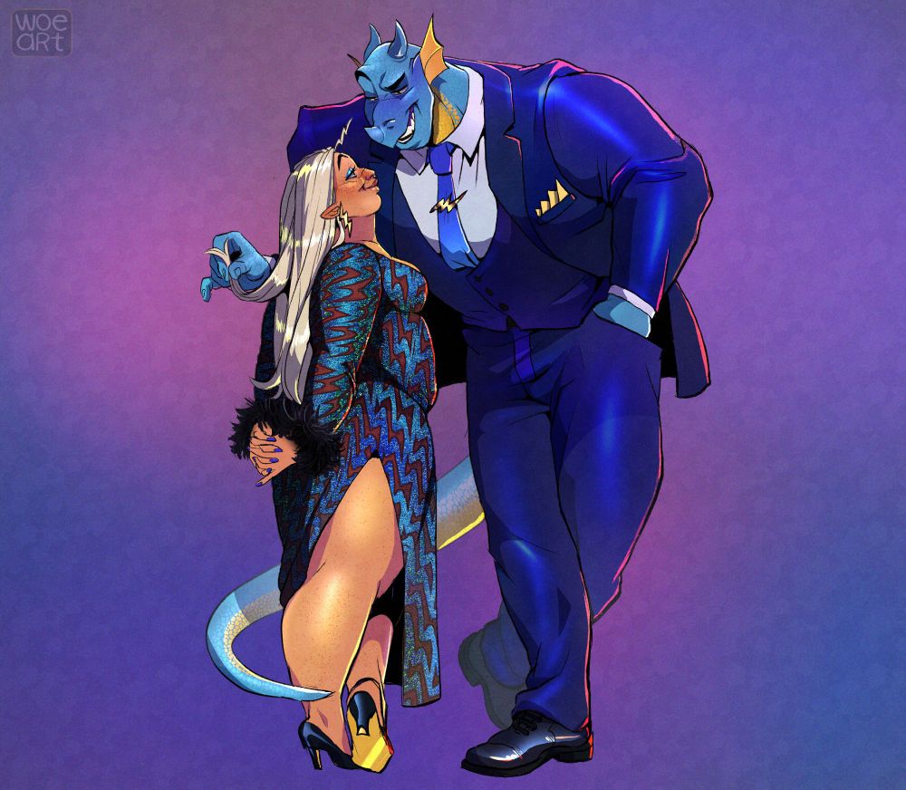 Derec in a fancy suit schmoozing up Sorsha, twirling her hair as he tries to get her to dance. Sorsha looking up at Derec, considering his request in a smug manner.