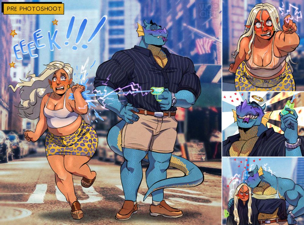 Illustration prephotoshoot of a blonde freckled woman (Sorsha) and blue dragonborn (Derec), Derec spraying water out a water pistol at Sorsha whose shirt gets drenched and her lighting powers spark out. She points an angry finger at him while he plays innocent, in the last panel they trade shirts and call a truce. 
