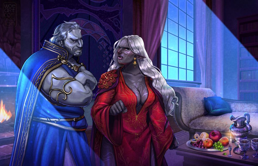 Illustration: Baldurs Gate 3 God Gale having an argument with Tav, they're in a dark room in front of a fireplace, a table with fruit and pitcher and glasses, and a day bed. Moonlight streams through the windows surrounding them.
