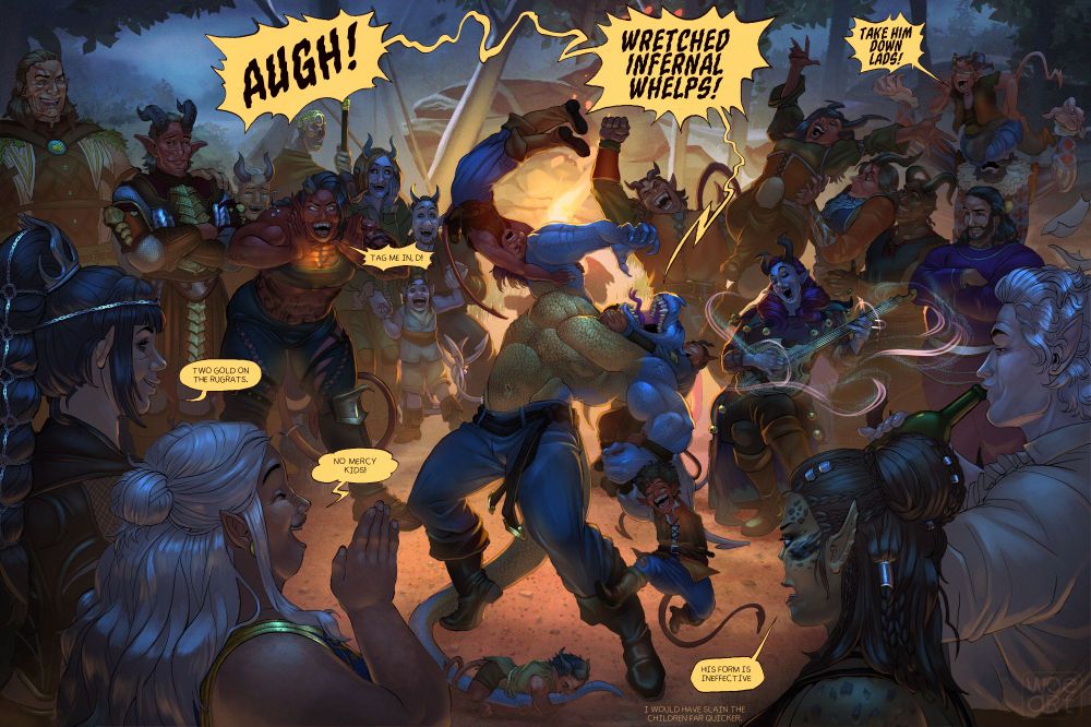 Illustration of Baldurs Gate 3 tiefling party happening with a bunch of the tiefling kids playing with the dragonborn paladin and trying to wrestle him down. Text: Derec: "AUGH! WRETCHED INFERNAL WHELPS!" Mol: "Tale him down lads!" Karlach: "Tag me in, D!" Shadowheart: "Two gold on the rugrats." Sorsha: "No mercy kids!" Lae'zel: "His form is ineffective. I would have slain the children far quicker."