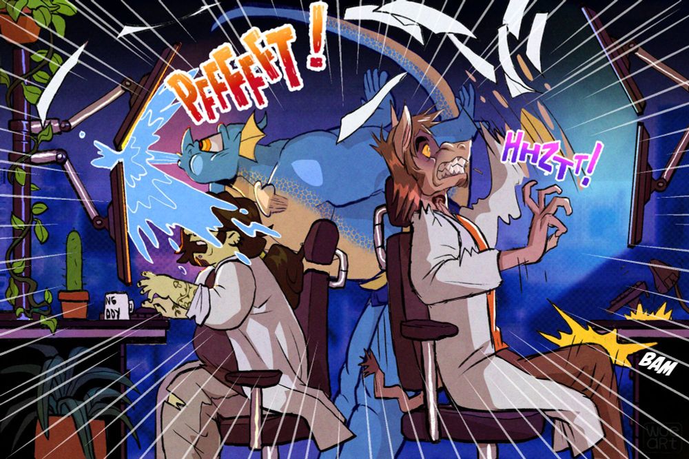 After seeing the post, Derec spits out his drink all over Edwin and his monitors, causing Izzy to jolt and bang his leg against his desk. 