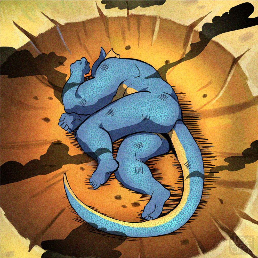 Derecho in superhero au after his transformation passed out in a crater butt naked in Yamcha pose, smoke billowing off his body.
