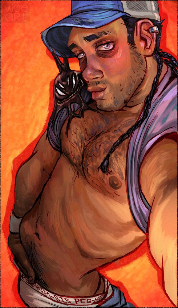 Illustration parody of infamous myspace photos of Tom Hardy, but of a Marvel fan character named Rat. His shirt over his head showing off his chest, wearing  a hat and showing off his boxers and pants sagging off his hips. His symbiote Drudge is making his appearance on his shoulder, smiling politely. Rat's boxers say "PEG-HIM-SIS"