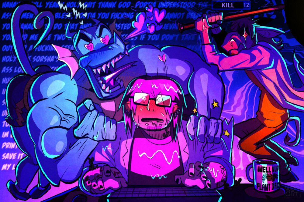 Derec rants behind Edwin as hes crushing his shoulder in excitement, Edwin is at a loss for words staring at the screen, both too distracted to see Izzy lining up his cane to smack them both in the head. 