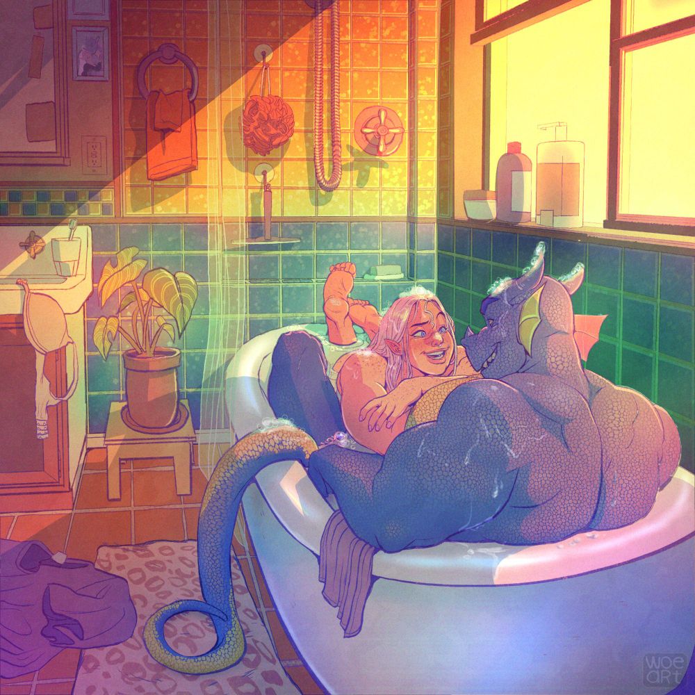 Colourful illustration of dragonborn Derec and half elf Sorsha sharing a bath together, light filtering through the window in a domestic scene. 