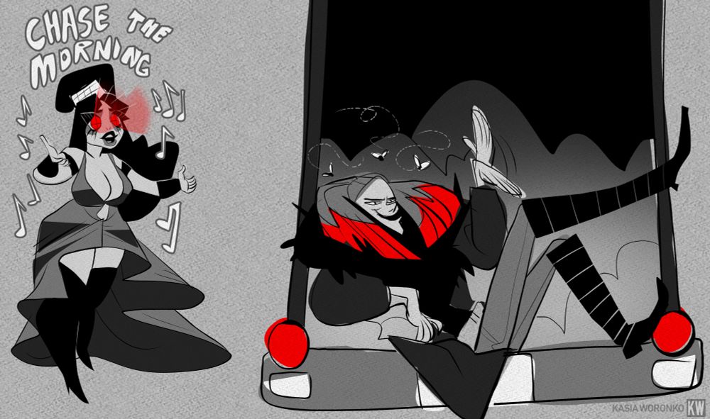 Blind Mag singing "Chase the morning" with her eyes glowing, GraveRobber in the back of a garbage truck with flies around him, waving.