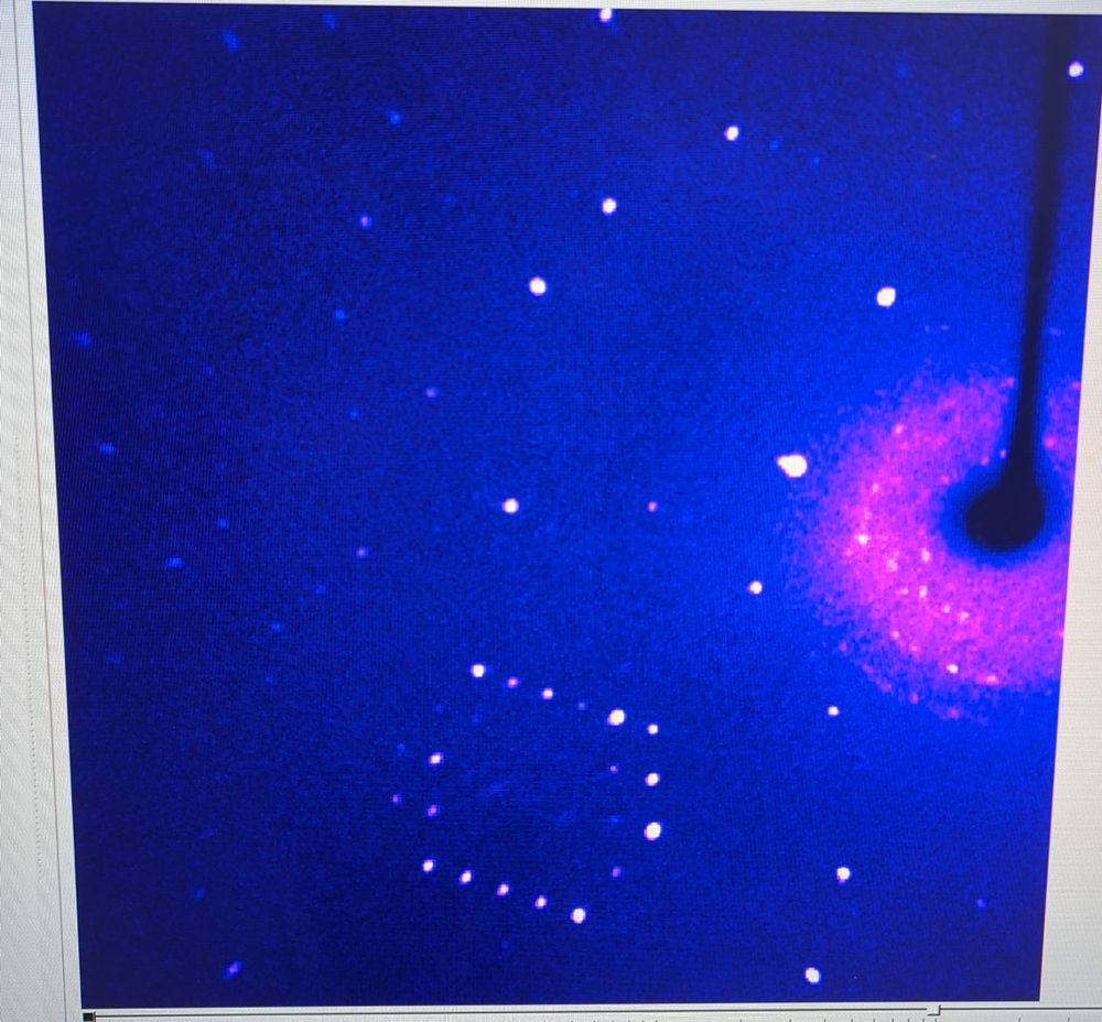 An image frame from a single-crystal X-ray diffraction experiment on a crystal of a small organic molecule.