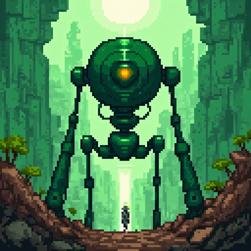 A large green robot stands in a forest clearing, its body made up of various green parts and a glowing yellow eye. The robot's arms are raised, and it appears to be holding something in its hands. In the background, there are trees and a bright sky, suggesting a sunny day. The overall atmosphere is one of mystery and intrigue, as the robot seems to be doing something important or mysterious.