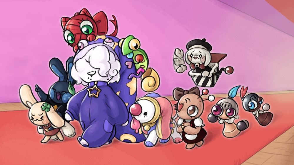 From left to right:
-Lucky (Jax)
-Sham (Jax)
-Ribbon (Gangle)
-Blanket (OC)
-Squeeze (Zooble)
-Poppy (Pomni)
-Marie (Ragatha)
-Pip (Kaufmo)
-Pawna (Kinger)
Pawner (Queenie)