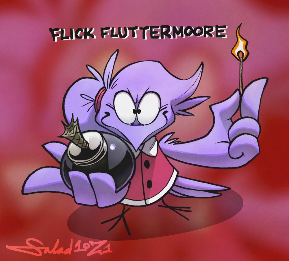 Flick is a small, lavender-colored bird. She wears a reddish-pink dress shirt, and her head's feathers are done up in a ponytail. In this illustration, she holds a bomb in one hand, and a lit match in the other, all while making a mischievous expression.