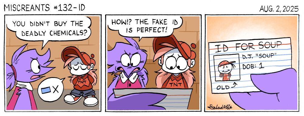 A three-panel comic.
In panel one, Soup solemnly approaches Flick.
Flick asks, "You didn't buy the deadly chemicals?"
Soup responds, "🪪❌"
In panel two, Flick exclaims, "How!? The fake ID is perfect!"
She holds an index card.
In panel three, the card reads, "ID FOR SOUP. D.J. "Soup". Date of Birth: 1" The card has a basic illustration of Soup, with the word "OLD" pointing to the picture.
