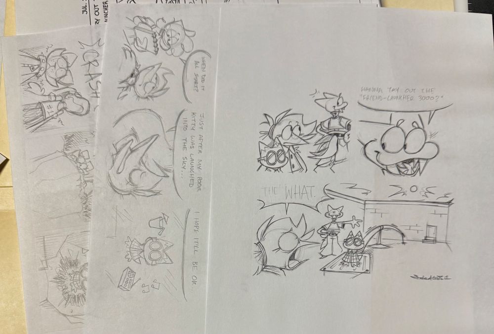 Three sketch pages for my comic, “Miscreants”.
Two are drawn in pencil, and one is done in pencil and ballpoint pen.
