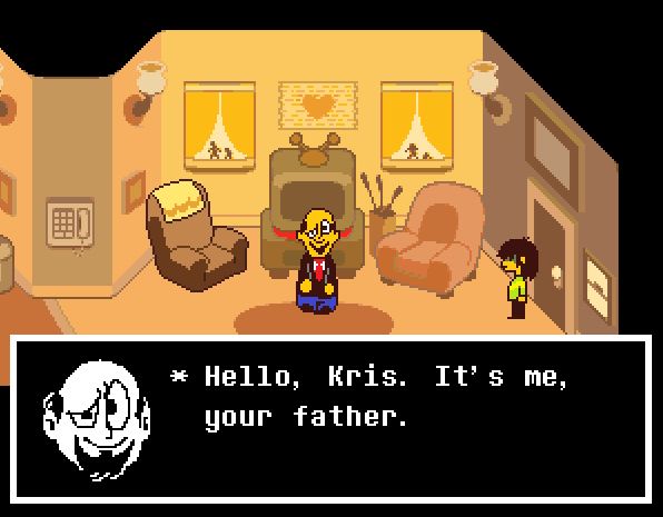 Kris walks into their home, and sees a man. He has the silhouette of the Mystery Man sprite, but is a bald man with a goatee, wearing a suit and tie. He says, "Hello, Kris. It's me, your father."