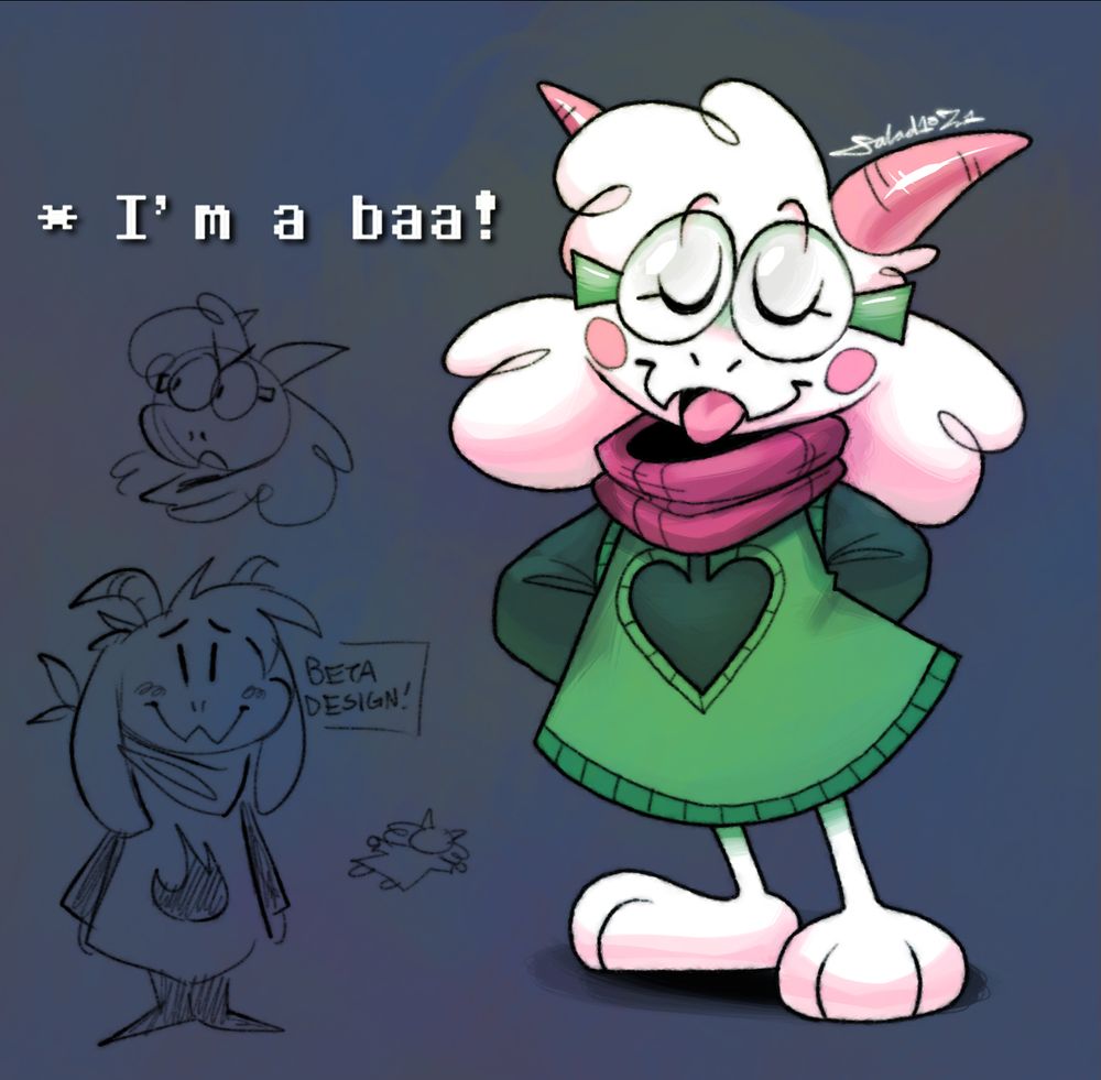 An illustration of Ralsei, who confidently states, "I'm a baa!"
Beside him are a few doodles. One is of him making a slightly upset expression, one is of his beta design, and lastly is his "splat" pose.