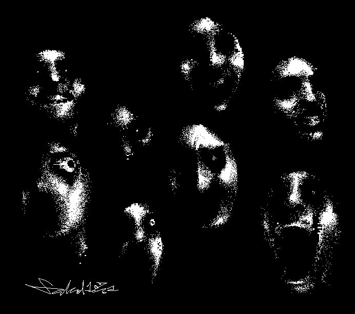 Several harshly-lit, black and white faces. Some are smiling, some seem to be yelling in agony, and some ominously stare on.