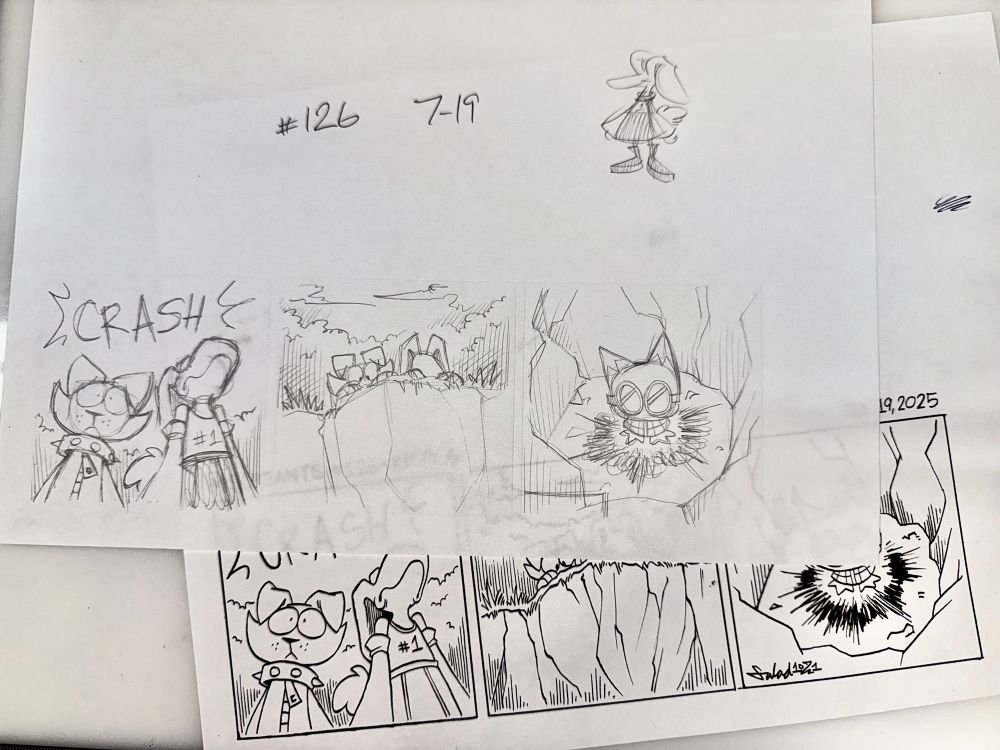 Two pages for “Miscreants” episode 126.
One is the sketch page, done in pencil, featuring a doodle of Lead, one of the characters.
The other is the inked page, which includes all details, minus the coloring.