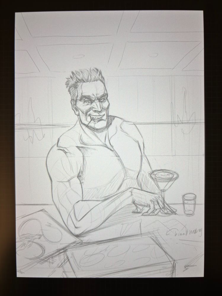 A digital sketch of a villain-y looking man leaning on a bar and holding a drink