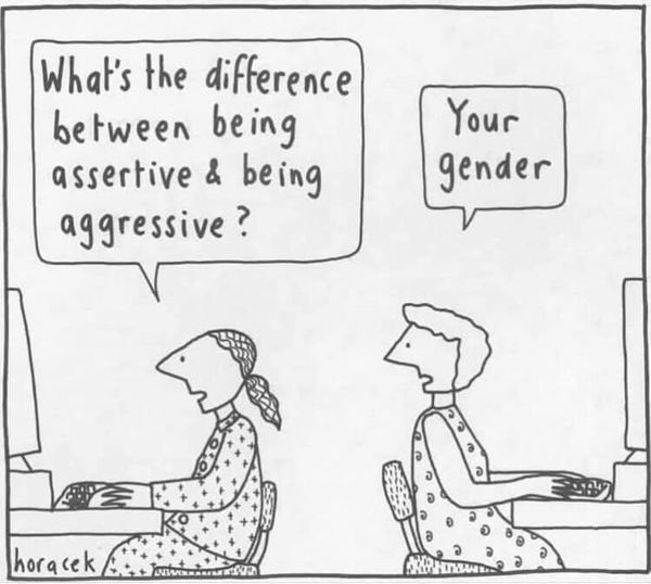 Cartoon of two women talking.

One asks "What's the difference between being assertive and being aggressive?"

The other replies "Your gender"