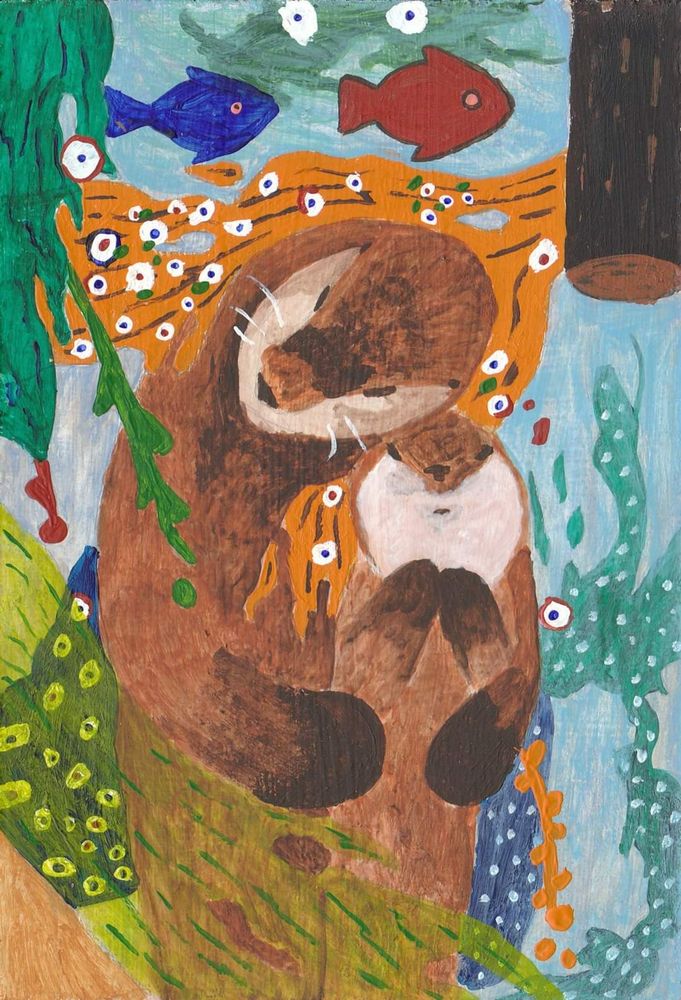 Done like Klimt's close up called "Mother and Child" (that's actually from a larger work called the "3 Ages of Woman"), a mother otter holds her infant. They are surrounded by seaweed and other water aspects, like a floating log and a red and a blue fish.

Otters actually holds their young like this, and will tie themselves in place in the seaweed so they don't float away when napping. 
