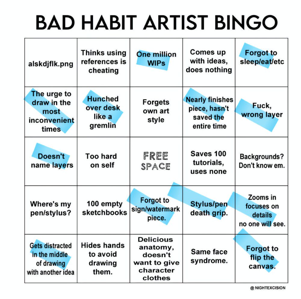 Bad Habit Artist Bingo, with my bad habits highlighted. 