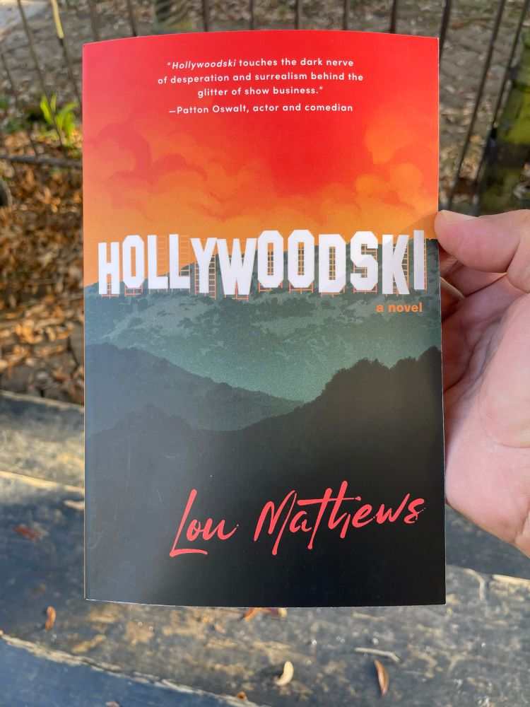 The cover of Lou Mathews’ new novel Hollywoodski, a humorous and melancholic account of a “faded” screenwriter’s career in Hollywood. 
