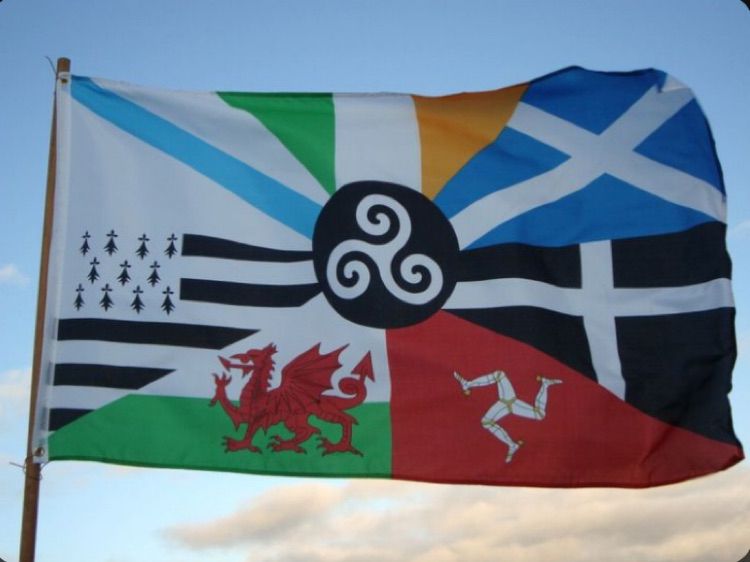 A pan-Celtic flag joining the Celtic nations flags right into one, with a black Triskellion centrered.