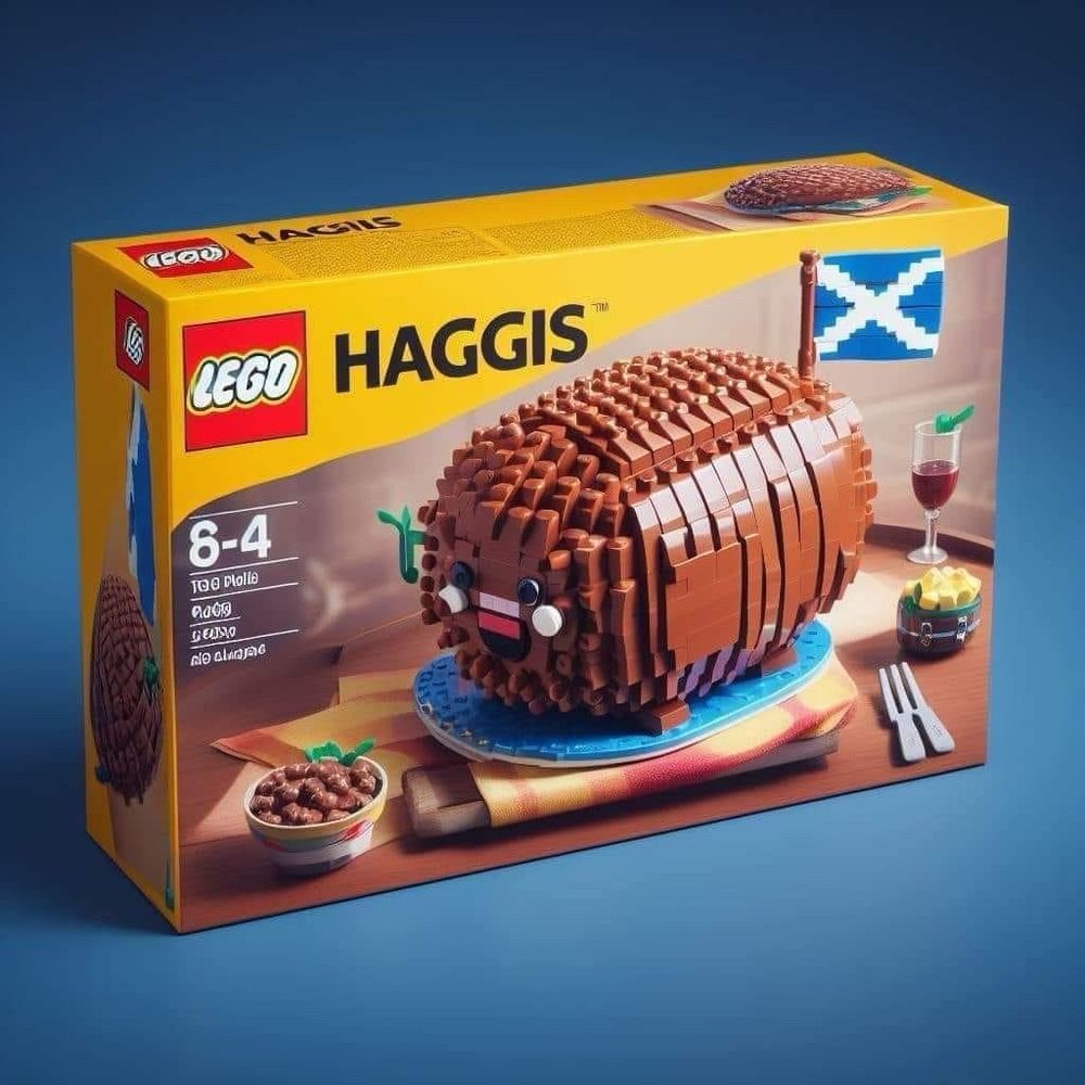 A fake image of a Lego-set featuring a traditional Scottish haggis with a funky face and a saltire.