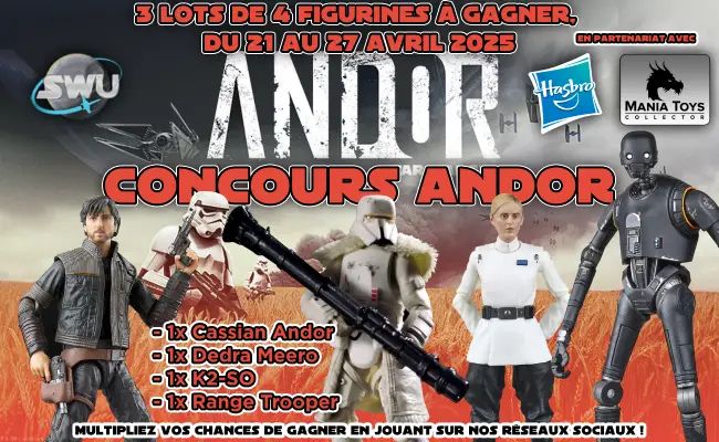 Concours du 21 au 27/04 avec Hasbro France et Mania Toys Collector.
3 lots de 4 figurines tirés de la série Andor :
Cassian Andor, Dedra Meero, K2-SO et 1 Range Trooper