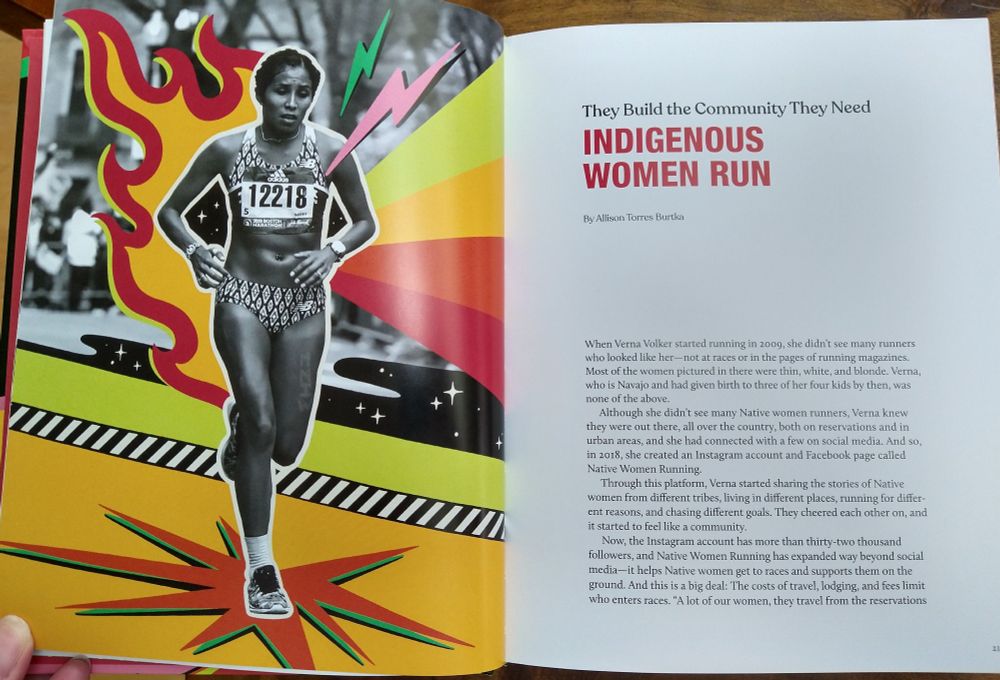 Two pages of an open book. On the left page is an Indigenous woman running in a race. On the right page is the beginning of a story titled Indigenous Women Run.