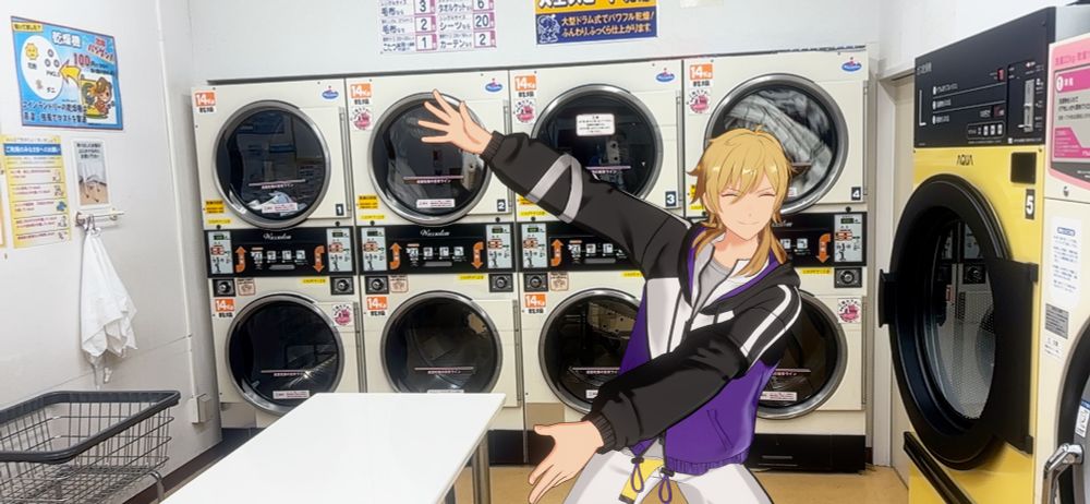 リズムリンクのユニット「UNDEAD」の二枚看板の1人、羽風薫がコインランドリーでふざけている写真です