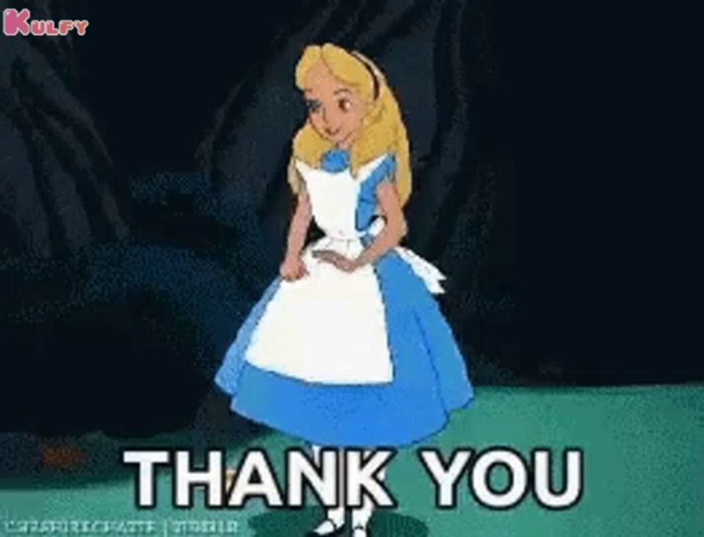 a cartoon of alice from alice in wonderland dancing and saying `` thank you '' .