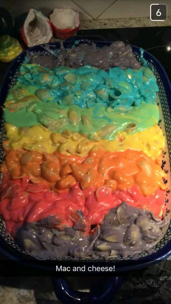 Pride mac & cheese with all the colors of the rainbow