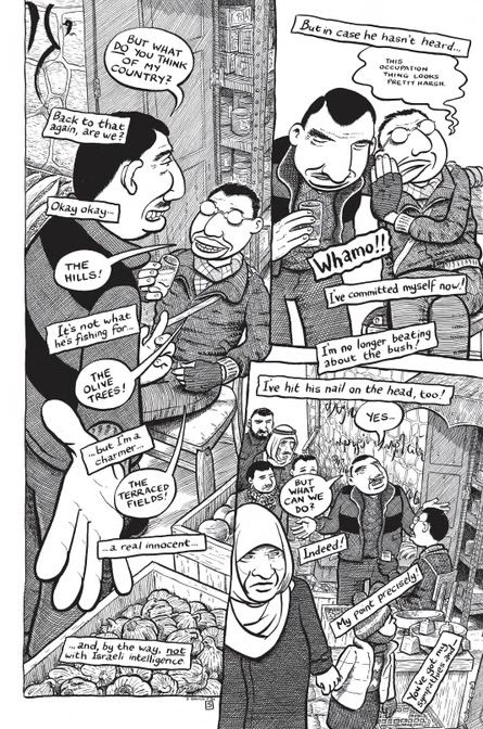 An autobio comic of Sacco meeting someone else and discussing the Israeli occupation 