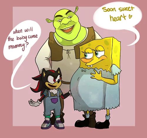 Shadow in overalls stands smiling and asks a pregnant SpongeBob. When will the baby come mommy. SpongeBob warmly responds soon, sweetheart while a smiling Shrek stands warmly over both.