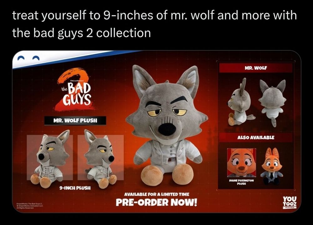 A youtooz twitter post advertising a pre-order for a bad guys plushie that reads: treat yourself to 9-inches of mr. wolf and more with the bad guys 2 collection
