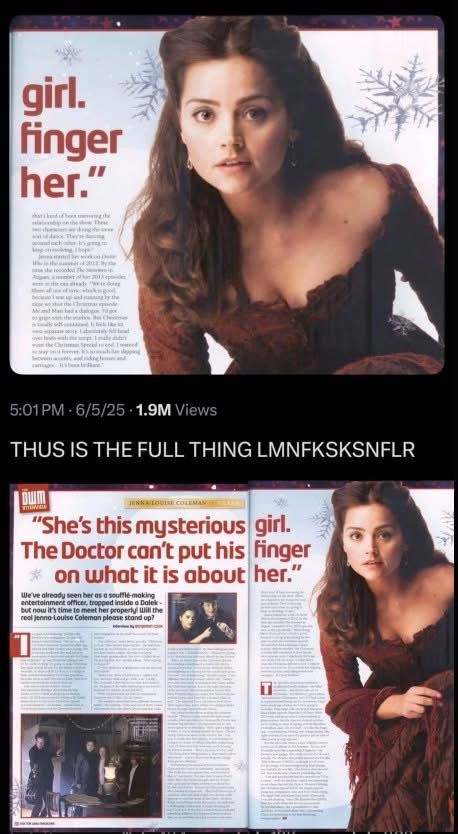 Half a page of an article reads “girl, finger her”

The poster who originally typed this pointed out that the full thing says:

“The Doctor can't put his finger on what it is about her."

The bad kerning destroys that