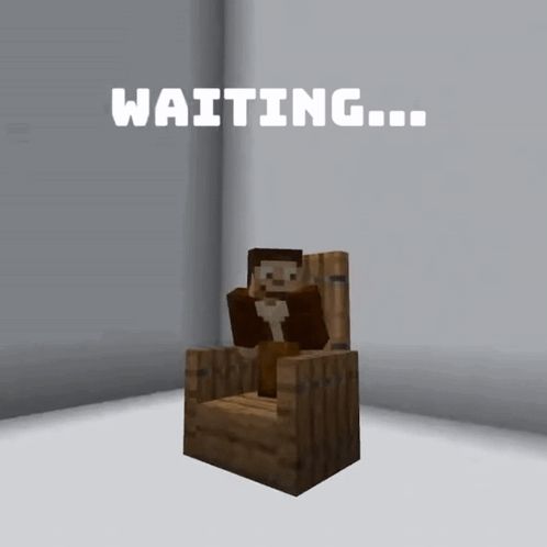 a minecraft character is sitting in a chair with the word waiting behind him