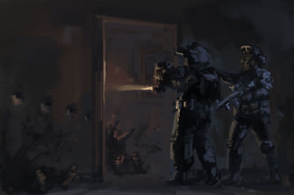 Digital painting of two SWAT officers breaching a dark room. The one in front has a weapon mounted light. A pair of alien bodies are strewn about.