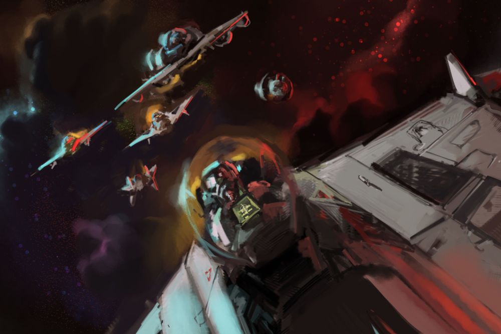 Digital painting of a variety of sci-fi fighter spaceships, flying towards viewer.