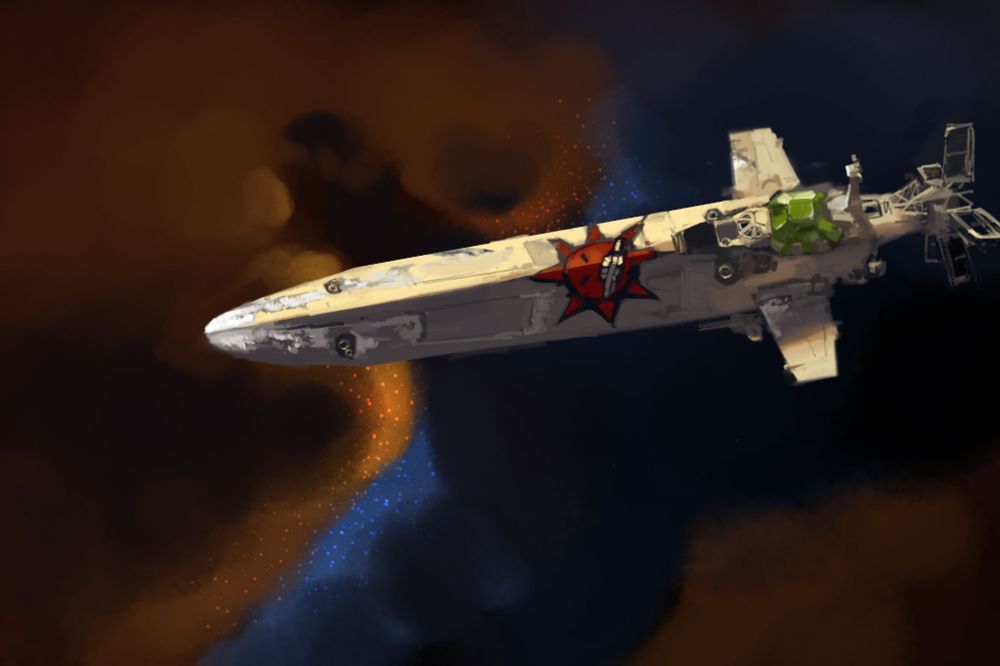 Digital painting of cross shaped spaceship, weathered from use, with a large green gem embedded in the fuselage