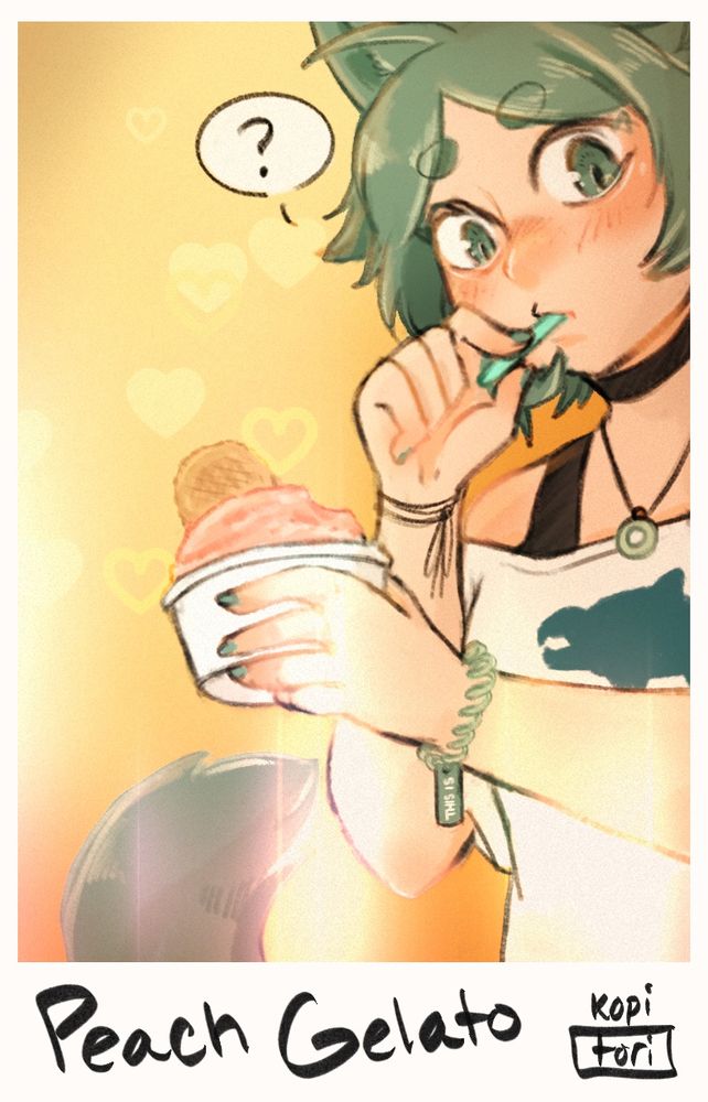 illustration of a fake instant polaroid of a catgirl eating gelato with fake writing at the bottom reading "peach gelato" and my username. she is looking down at the viewer with a question mark next to her head as she scoops gelato into her mouth. she has bleen (blue green) hair and eyes with cat ears and tail and is wearing a t-shirt with a blue dunkleosteus graphic on it. she also features a variety of accessories such as a circular necklace and coil bracelet referencing the album i was listening to drawing this, reading "this is".