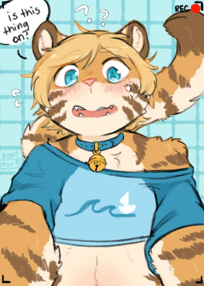 illustration of a tiger furry character struggling with a selfie or camera. he is saying "is this thing on?" while flustered. the character is blonde with blue eyes his fur is a mix of orange with light tan and dark brown stripes. he is wearing a cropped blue t-shirt with waves and a sailboat graphic as well as a blue collar with a bell featuring a paw print shaped opening.