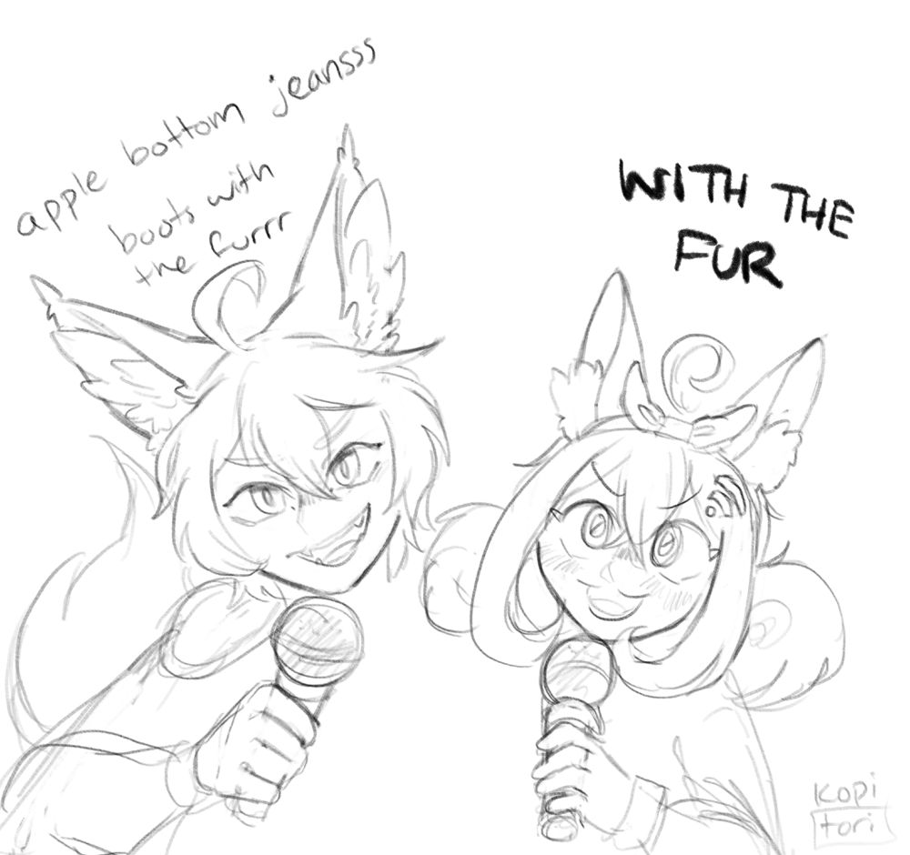 A sketch of a fox eared character and bunny eared character singing into mics. The foxes speech text reads “Apple bottom jeans, boots with the fur” while the bunny eared character repeats “with the fur” like the classic hit low by Flo rida 