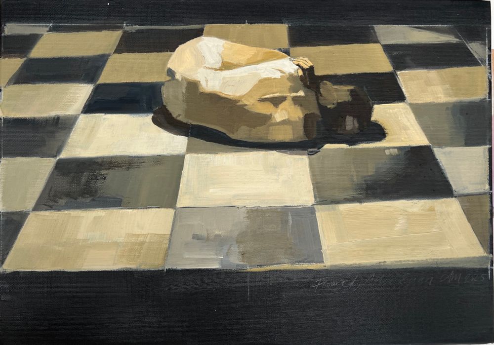 An oil painting of a female figure curled on a chequered tiled floor painted almost in monochrome, mostly yellow, black and white