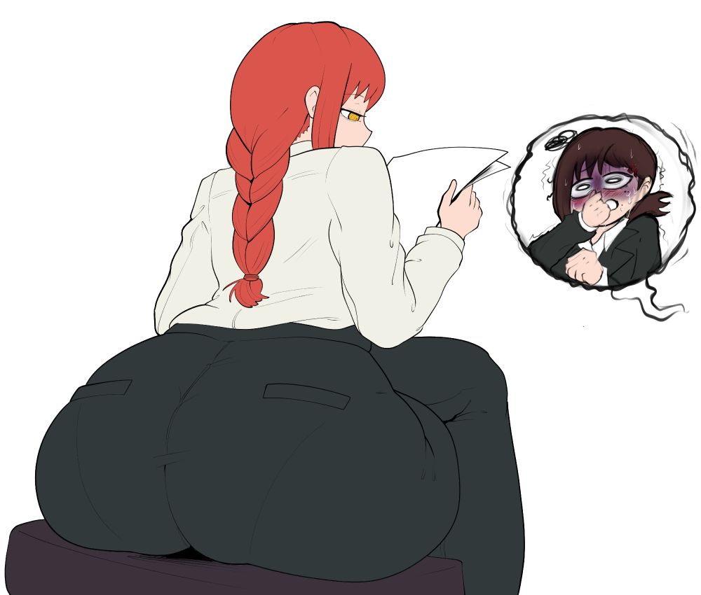 Makima sitting her fat, juicy, definitely-canon-sized ass down, casually reading over some papers. Poor Kobeni is holding her nose and struggling to keep it together.

...But why is she holding her nose...?
